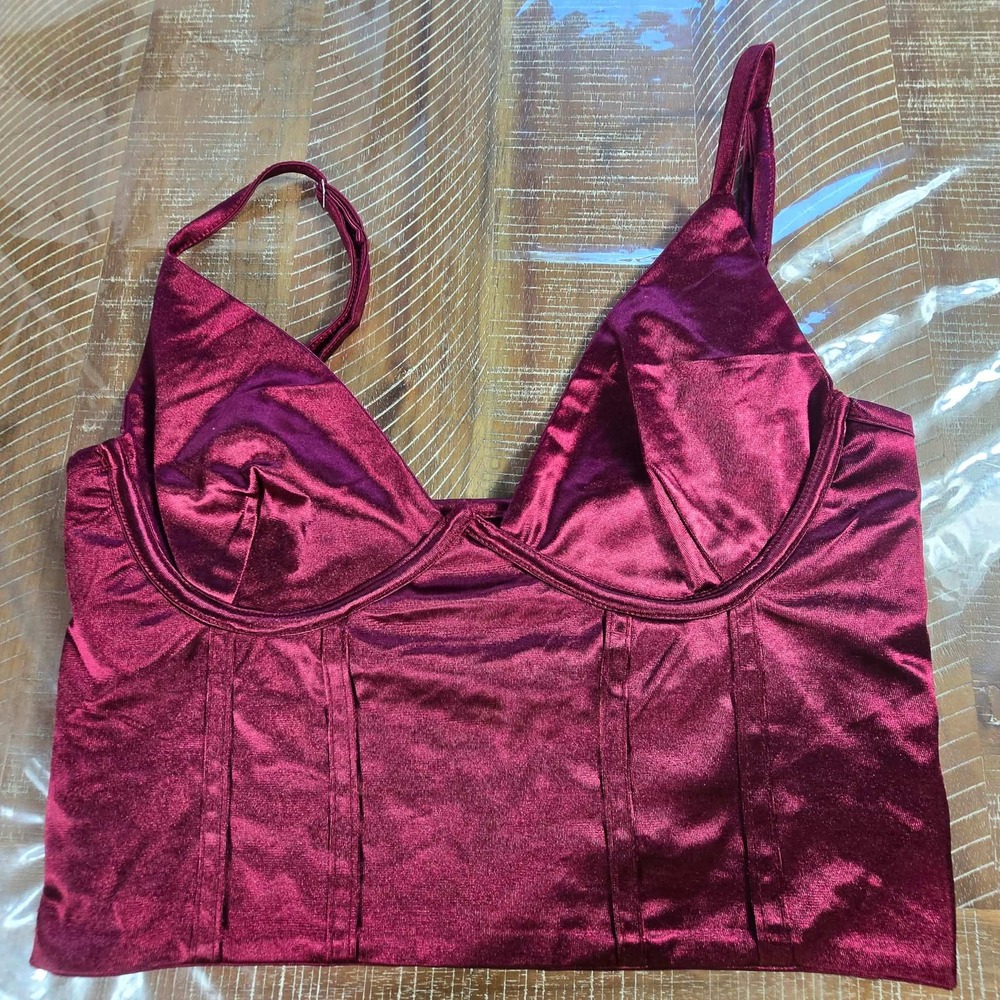 Y2K Burgundy Satin Corset Top Underwire Bustier Cami Wine Red Cropped Tank Small